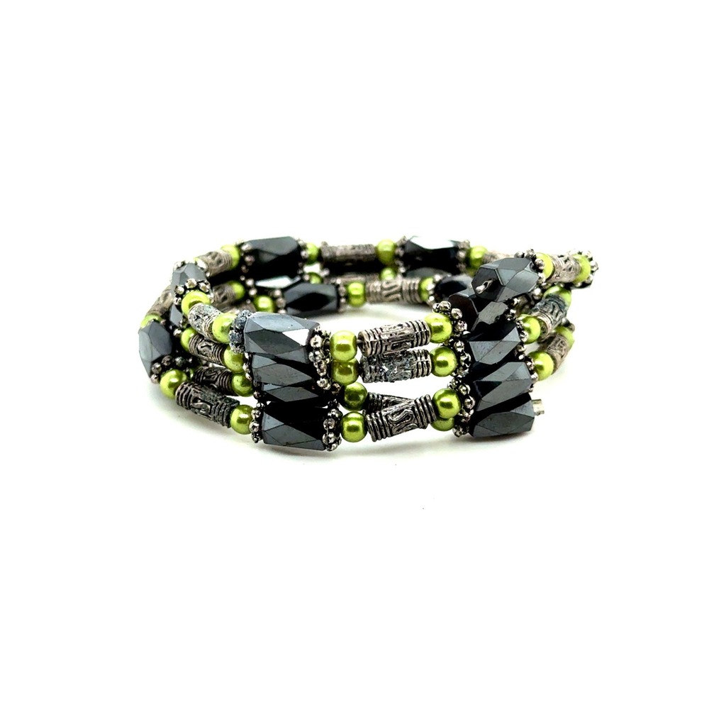 Magnetic Hematite and Lime Green Pearl Wrap Bracelet Multi Strand Necklace